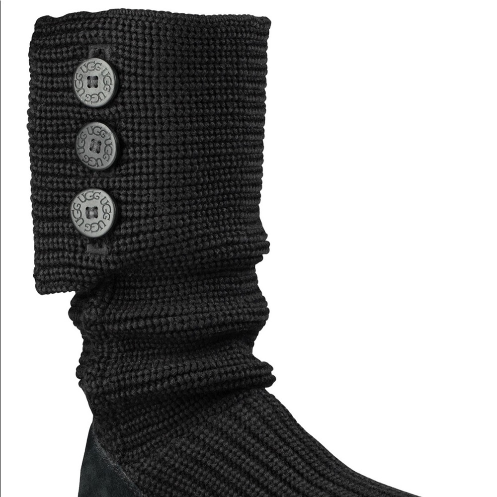 Black knit tall uggs with buttons.